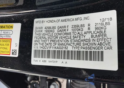 2019 Honda Accord Lx from USA, damaged, VIN 1HGCV1F11KA032152